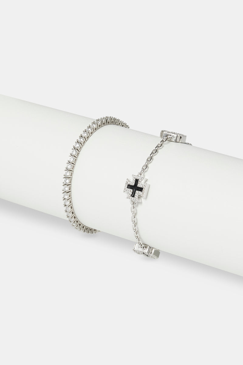 Black Enamel Cross Motif Bracelet & 3mm Tennis Bracelet - White