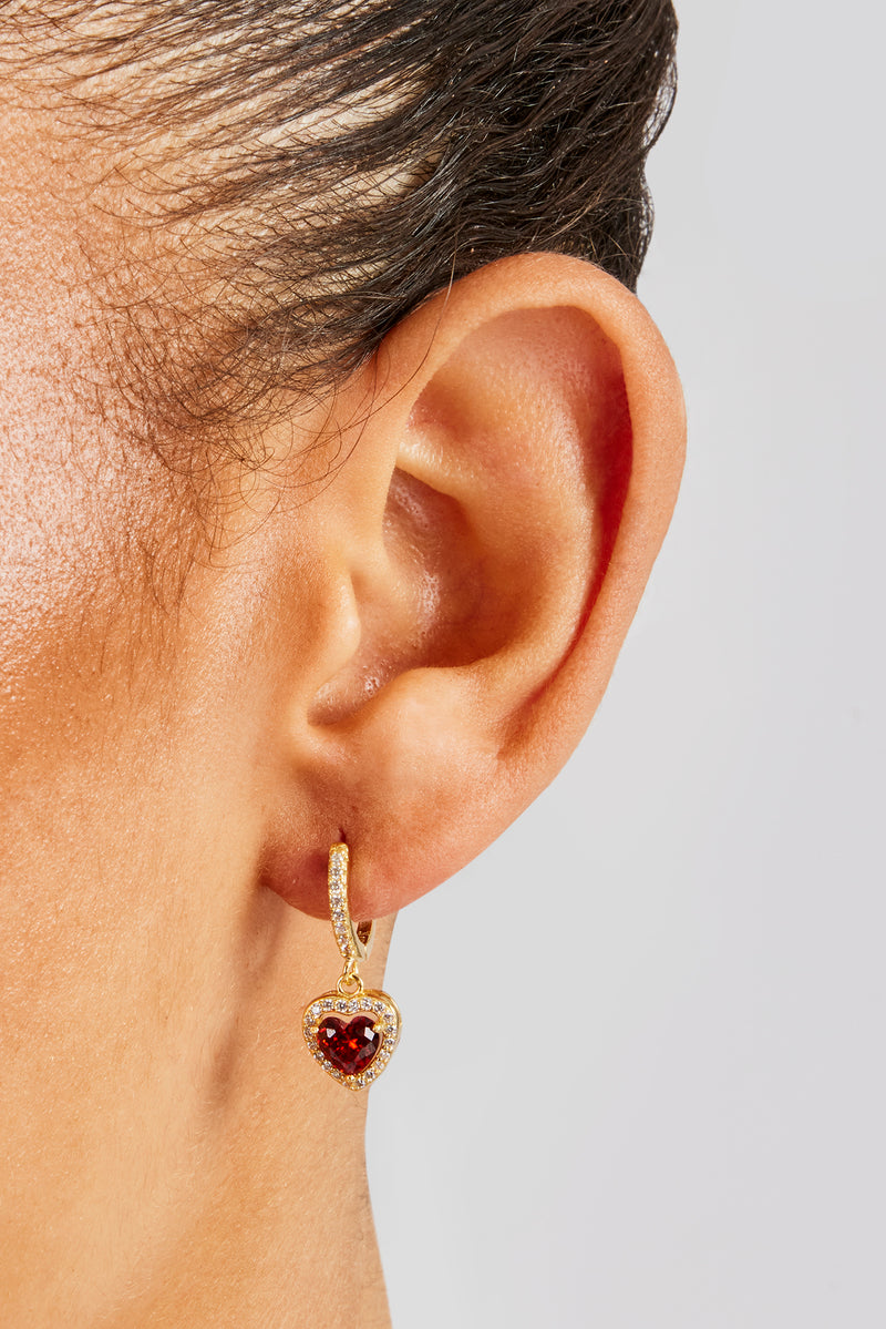 Red Heart Drop Earrings - Gold