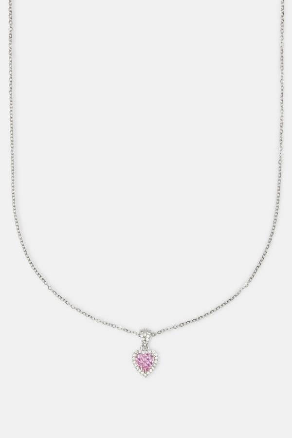 Pink Heart Bezel Necklace - White