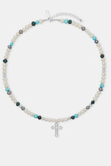 Blue Bead & Cross Freshwater Pearl Necklace