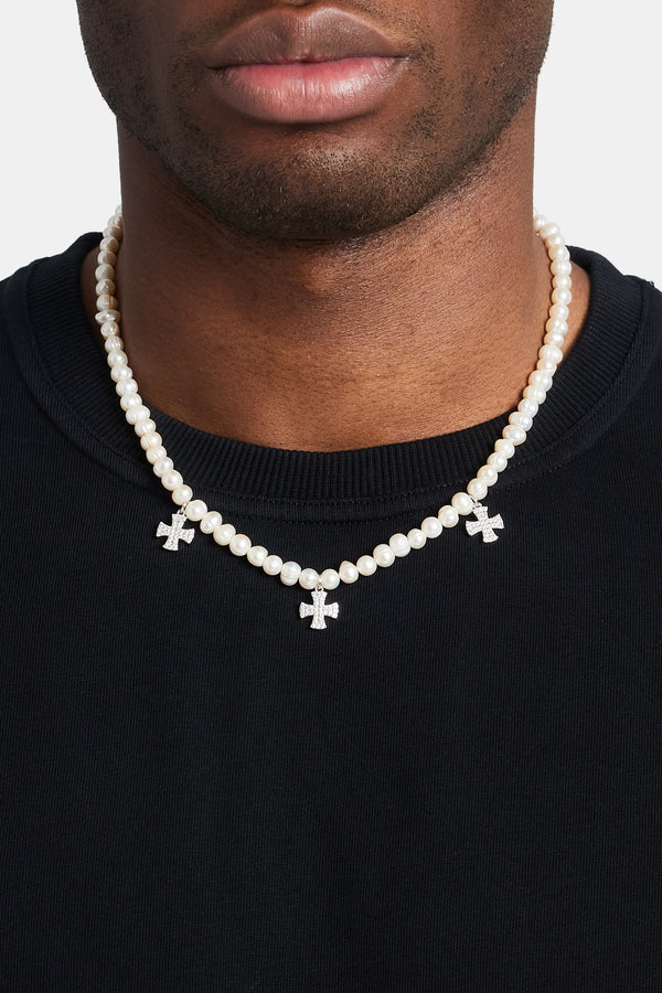 Freshwater Pearl Cross Drop Necklace - White