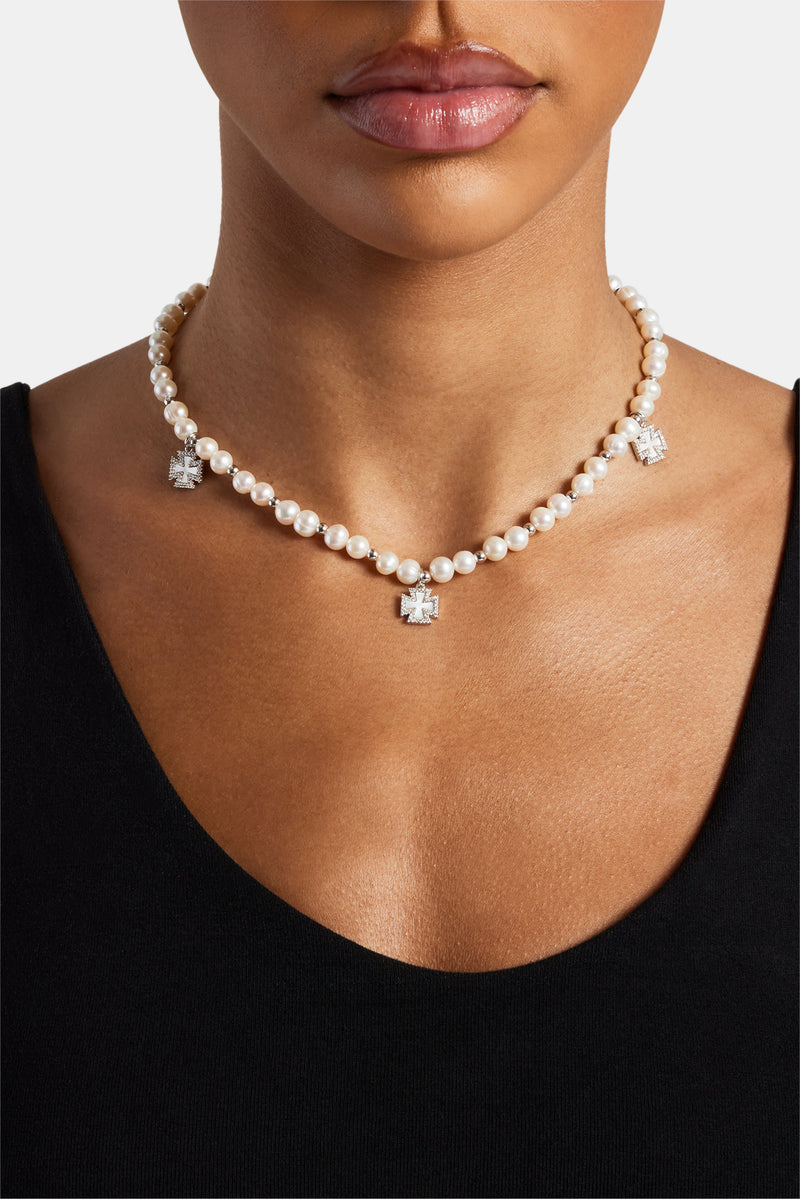 Iced Cross Motif Freshwater Pearl Necklace - 6mm