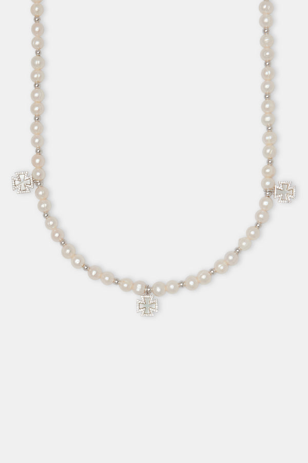 Iced Cross Motif Freshwater Pearl Necklace - 6mm