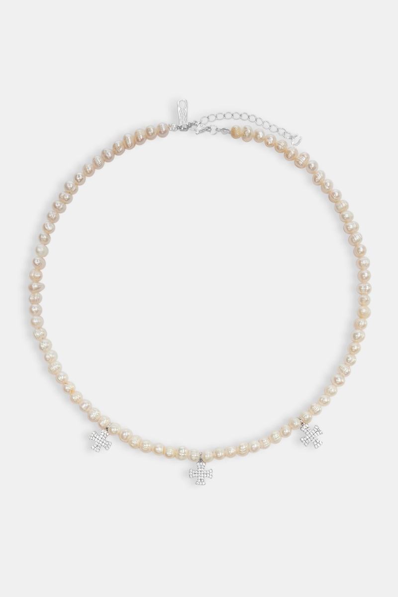 Freshwater Pearl Cross Drop Necklace - White