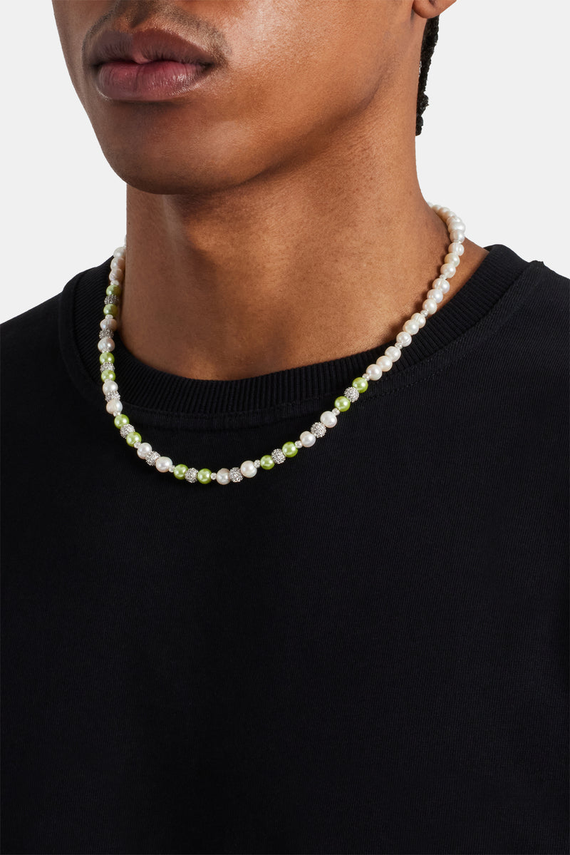 Freshwater Pearl Ice Ball & Green Bead Necklace