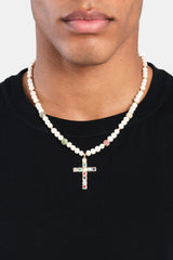 Freshwater Pearl & Multi Colour Ice Ball Cross Necklace - Gold