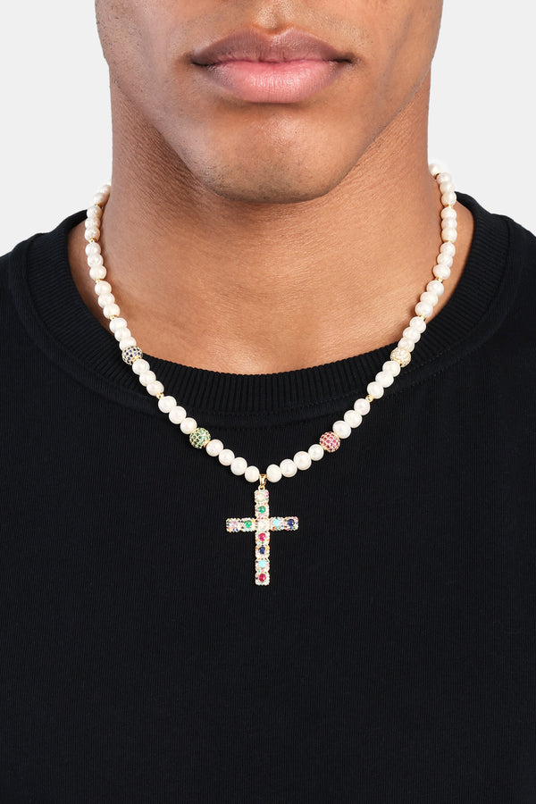 Freshwater Pearl & Multi Colour Ice Ball Cross Necklace - Gold