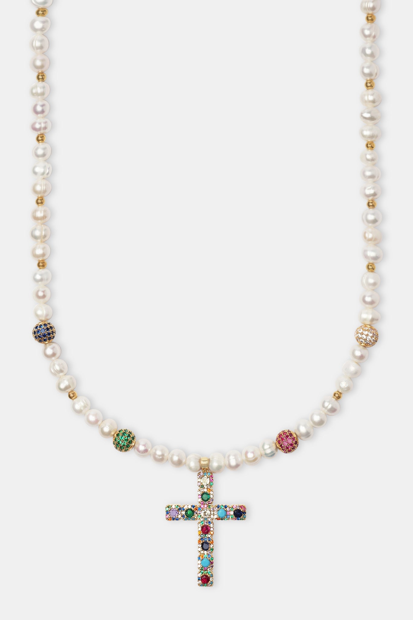 Freshwater Pearl & Multi Colour Ice Ball Cross Necklace - Gold | Mens ...