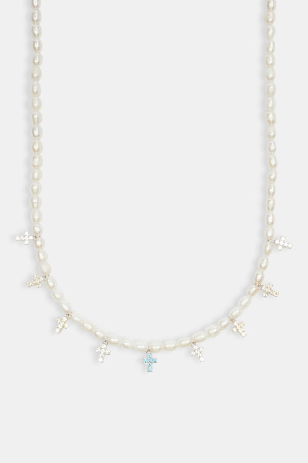 Womens Freshwater Pearl & Multi Colour Ice Cross Necklace - White