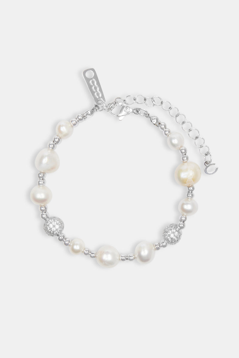 Metallic Freshwater Pearl Ice Ball Bead Bracelet - White