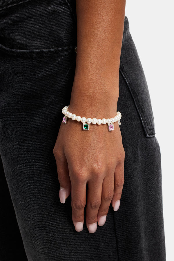 Pink & Green Mixed Gem Freshwater Pearl Bracelet - 6mm