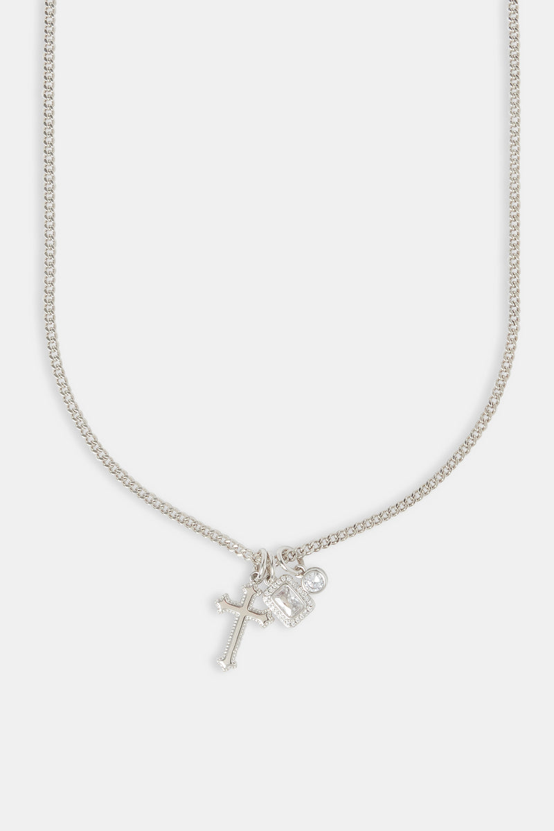 Clear Mixed Gemstone & Cross Layered Necklace - 20mm