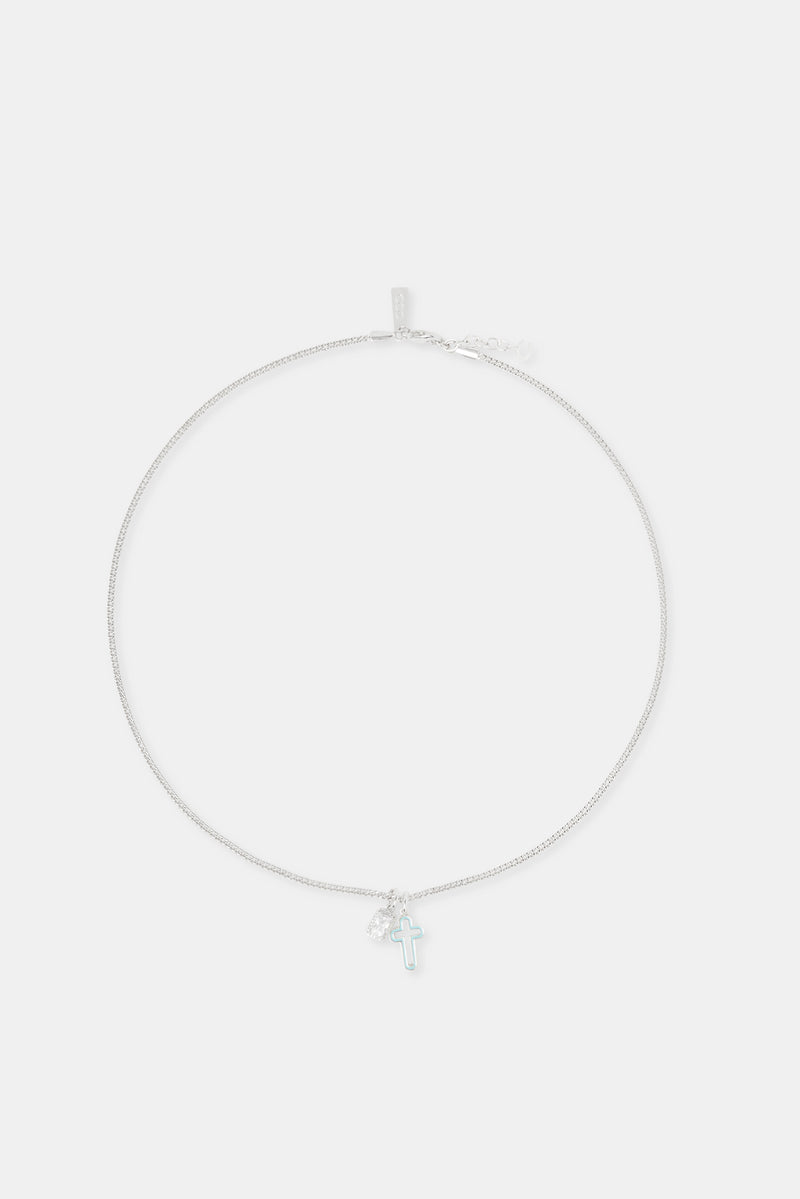 Light Blue Enamel Cross & Gemstone Layered Necklace - 20mm