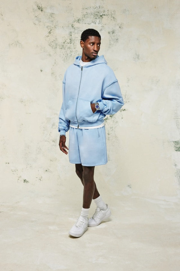 Boxy Washed Raw Edge Zip Through Hoodie - Light Blue