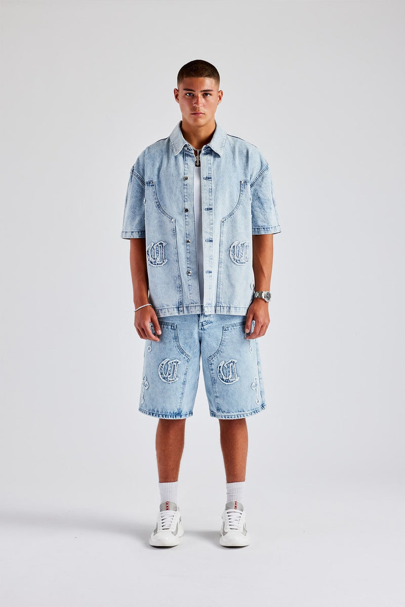 Raw Edge Applique Carpenter Denim Shirt & Bermuda Short  - Ice Blue