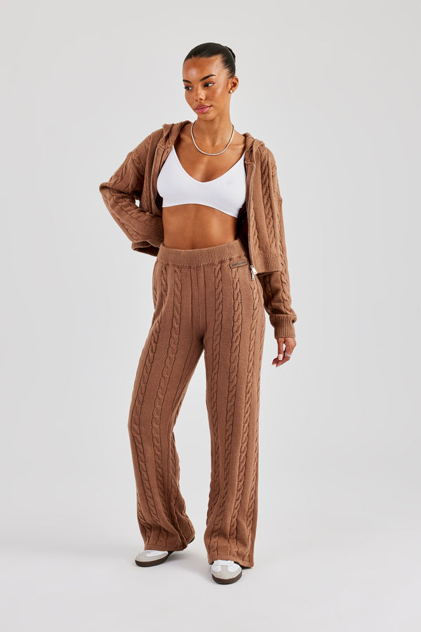 Cable Knit Cropped Knitted Hoodie & Wide Leg Jogger - Tan