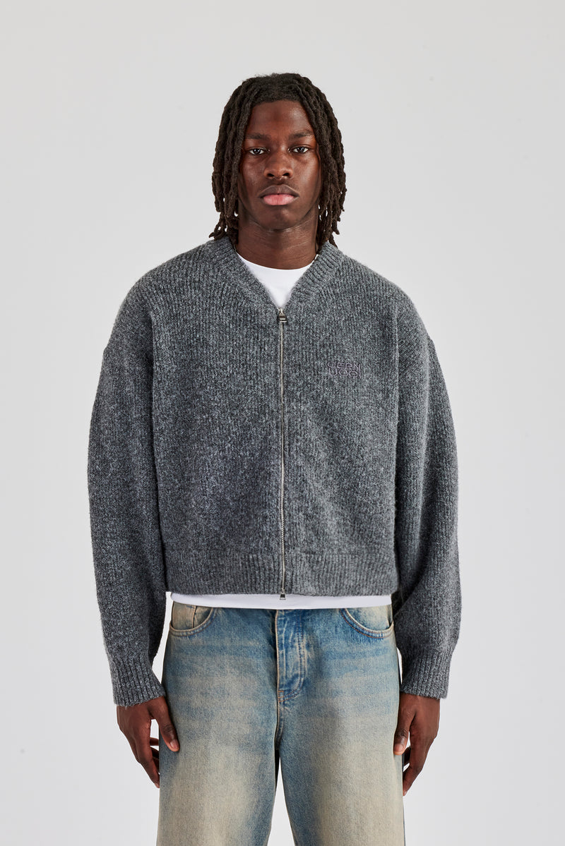 Cropped Boxy Knitted Bomber - Charcoal