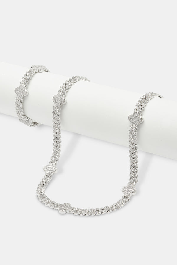 Womens Iced Motif Tennis Chain + Bracelet - White - 5mm