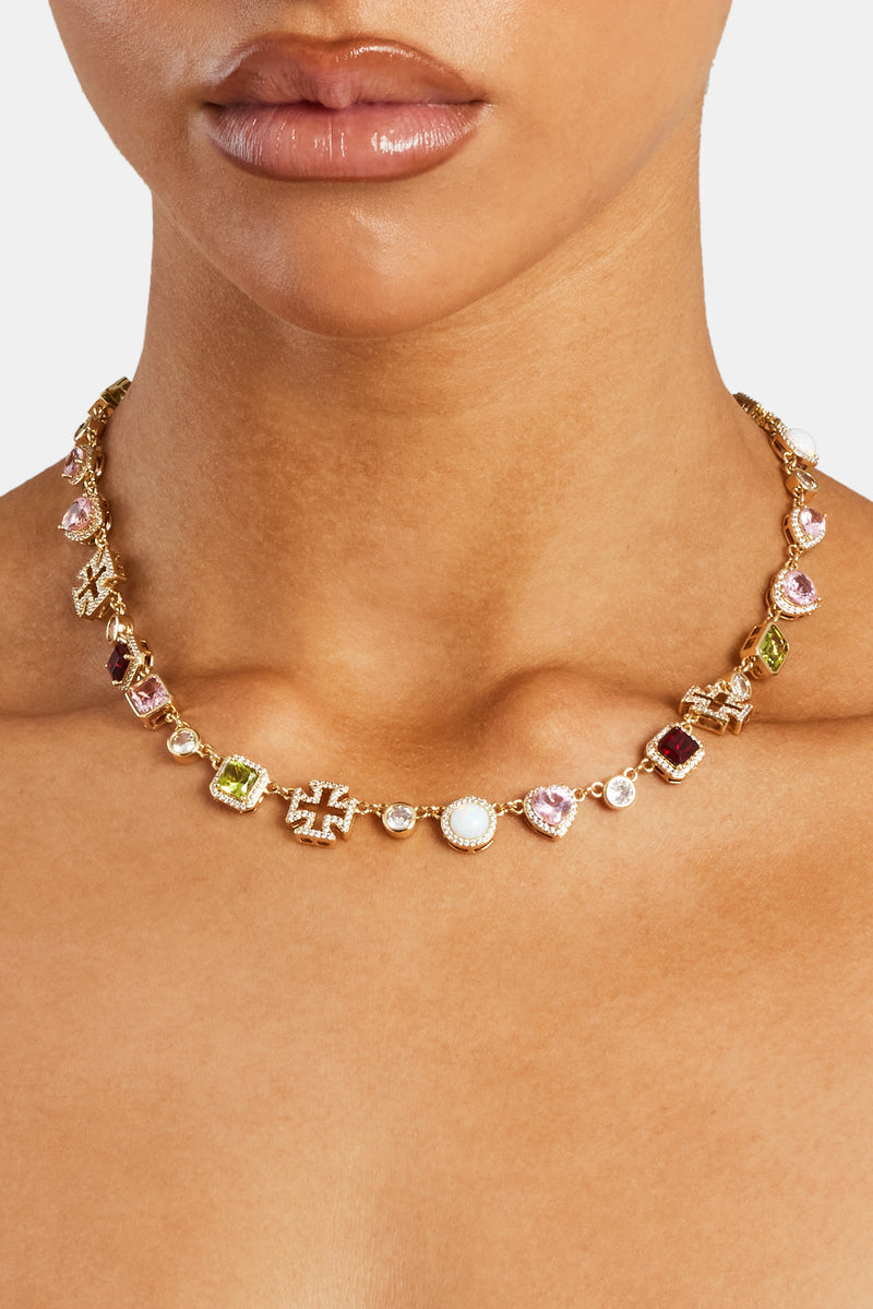 Pink Heart Multi Gem Chain - Gold