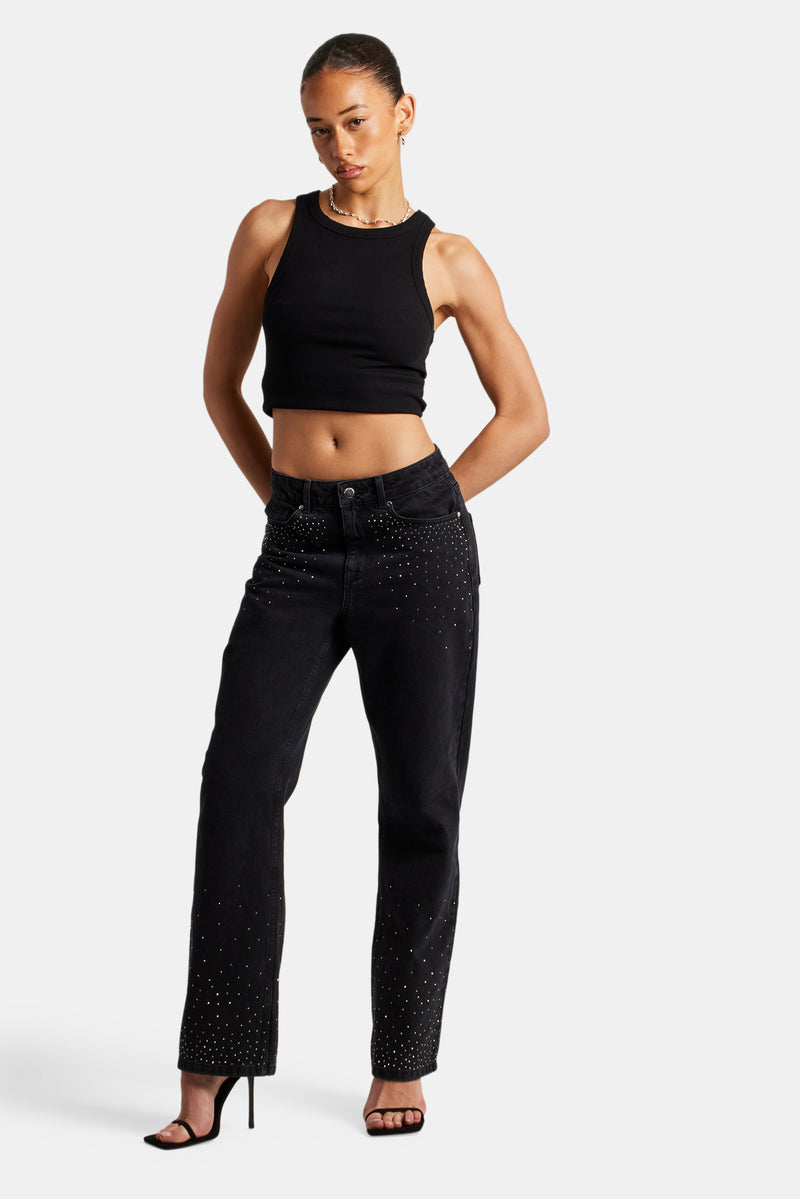 Ladies Relaxed Mid Rise Rhinestone Jeans - Washed Black