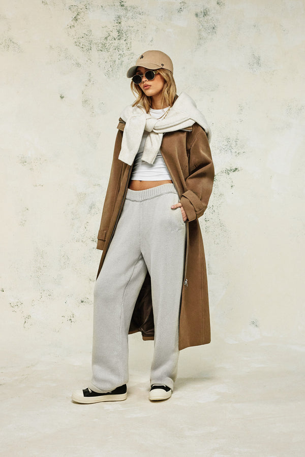 Knitted Embroidered Wide Leg Jogger - Stone