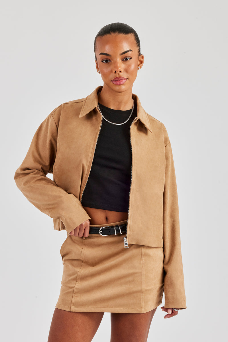 Suede Collared Jacket - Beige