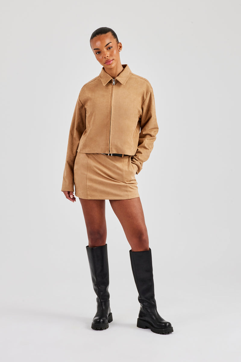 Suede Collared Jacket & Skirt - Beige