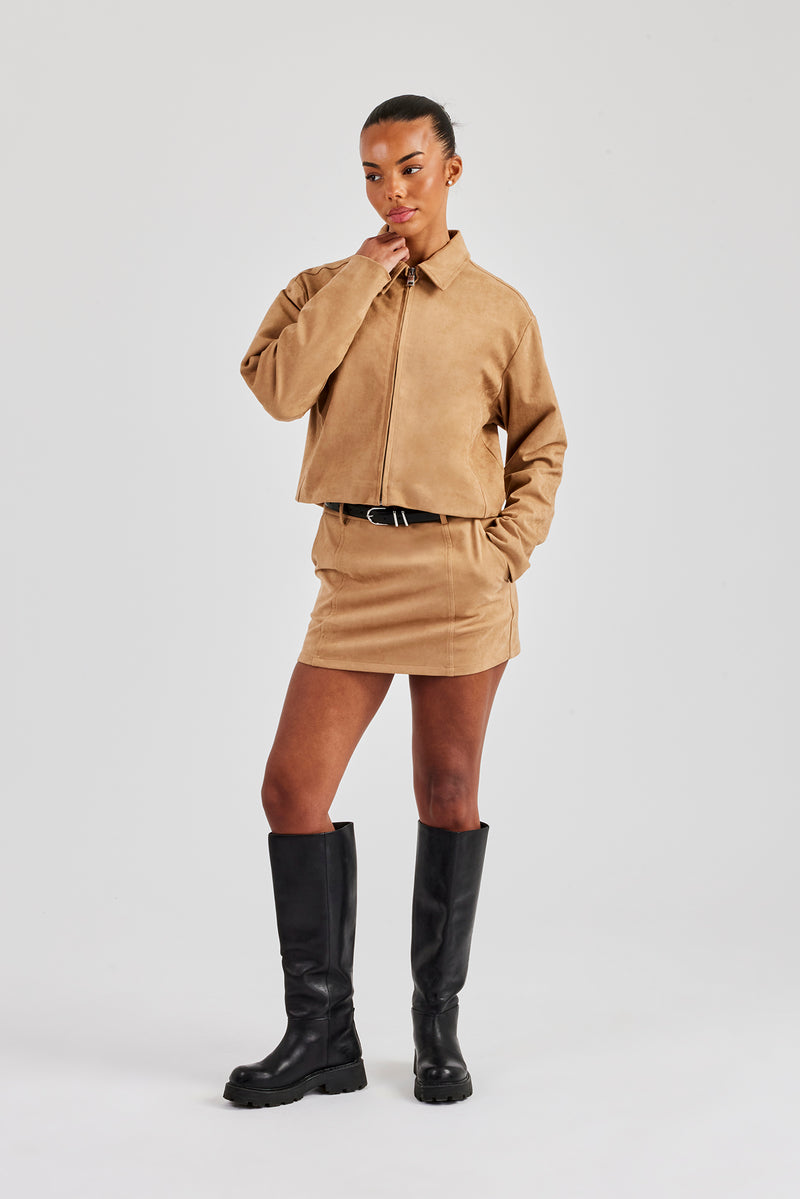 Suede Collared Jacket & Skirt - Beige