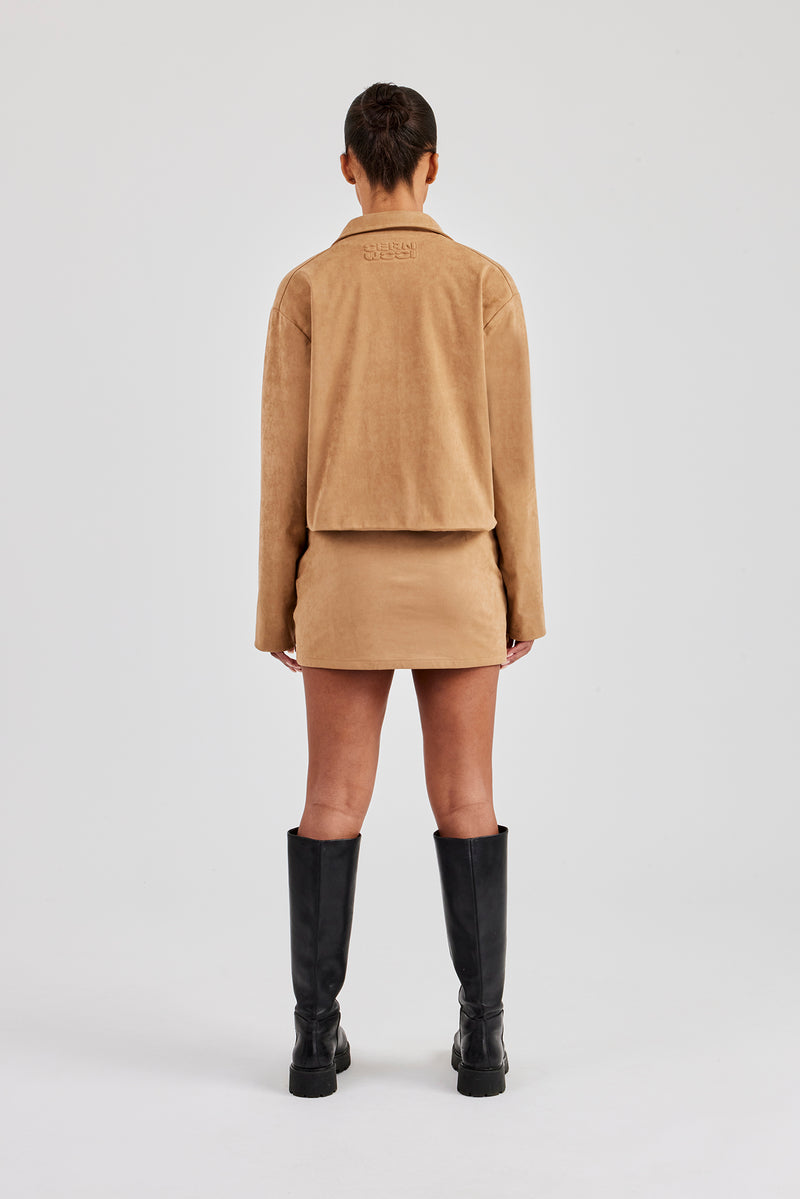 Suede Collared Jacket & Skirt - Beige