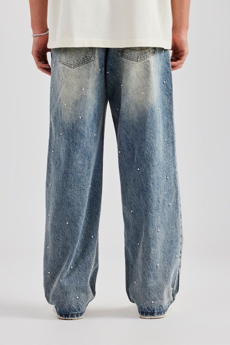 Pearl Detail Baggy Jean- Antique Wash