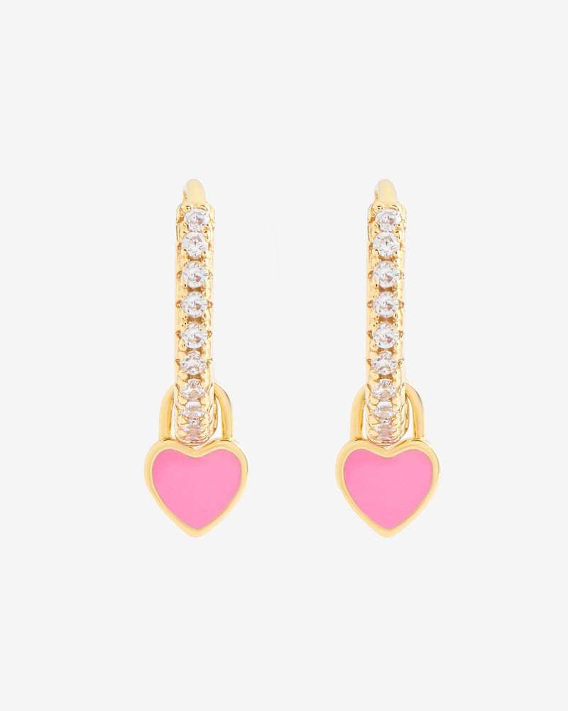 12mm Iced Pink Enamel Drop Heart Huggie Hoop Earrings - Gold