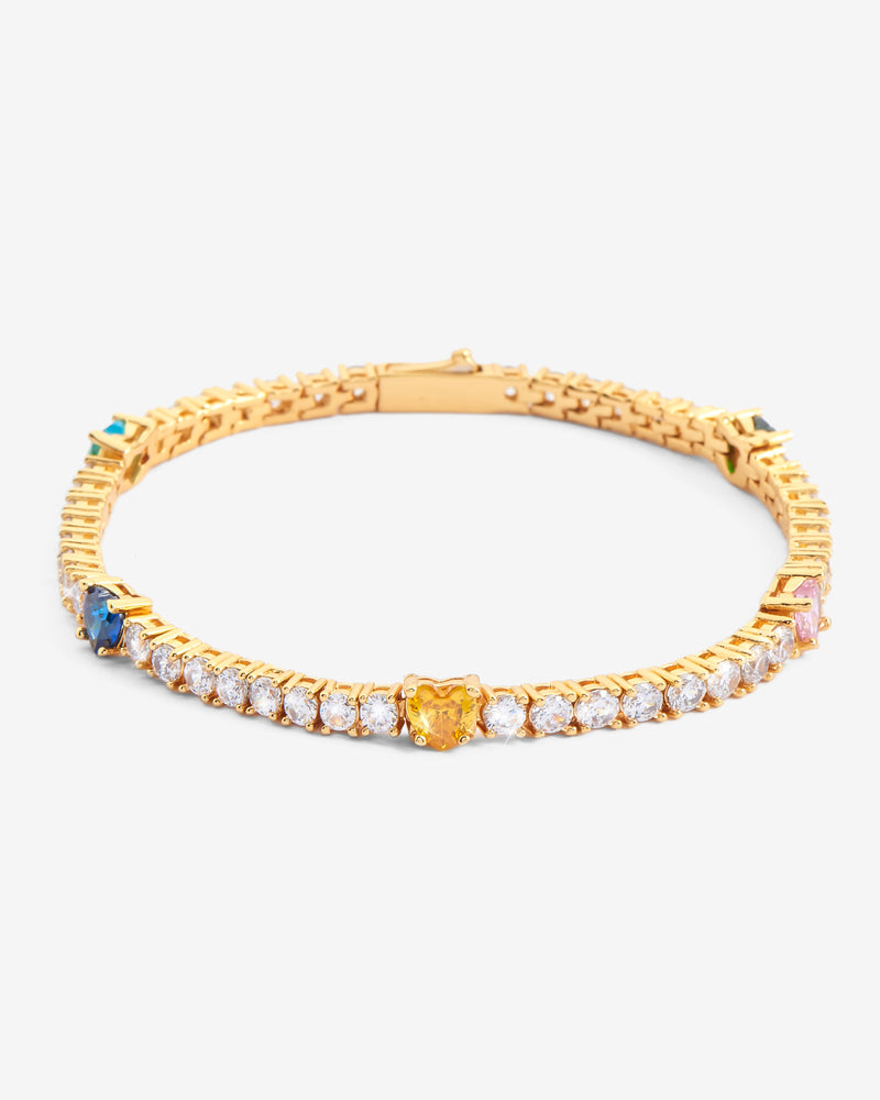 3mm Tennis + Hearts Bracelet - Gold