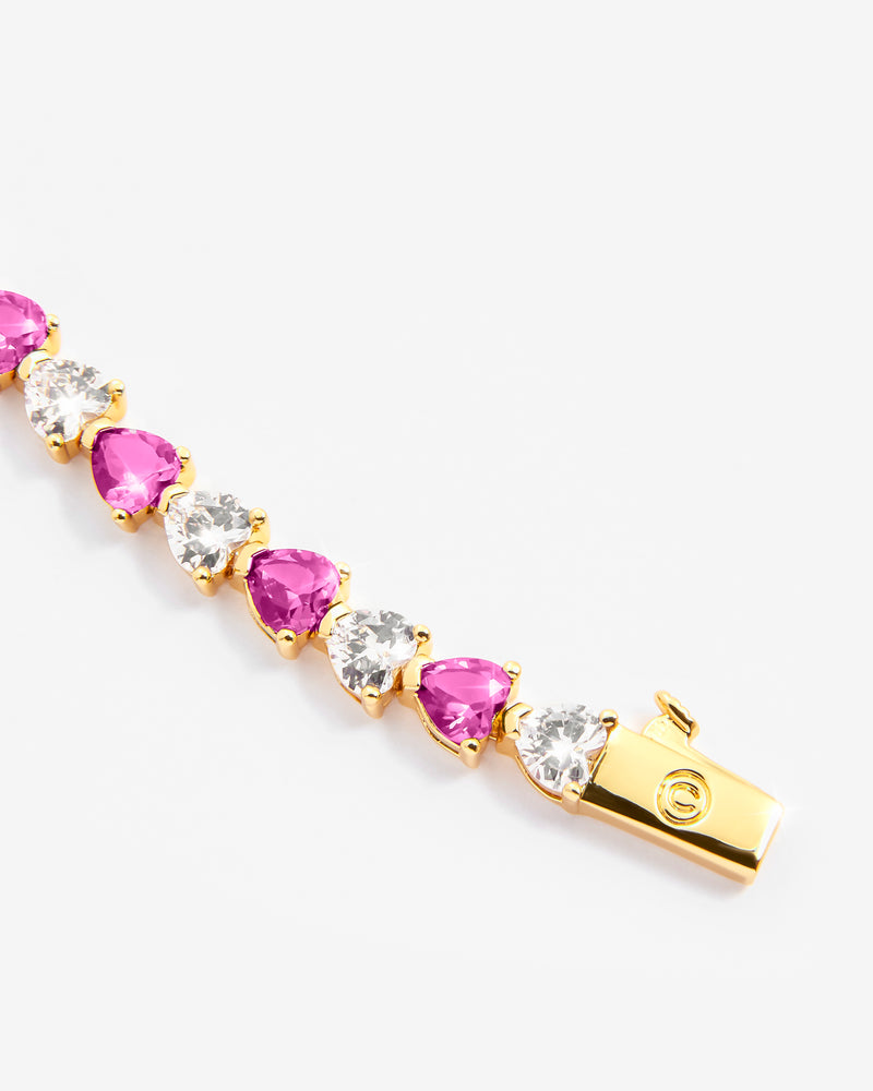 5mm White & Pink Heart Tennis Link Bracelet - Gold