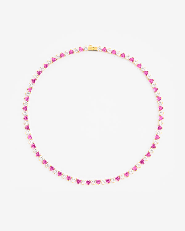 5mm White & Pink Heart Tennis Link Chain - Gold