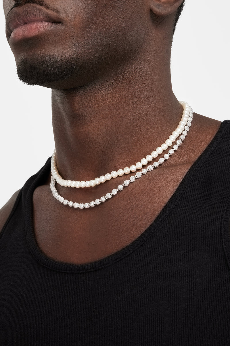 6mm Pearl Necklace + 5mm Iced Ball Chain Bundle