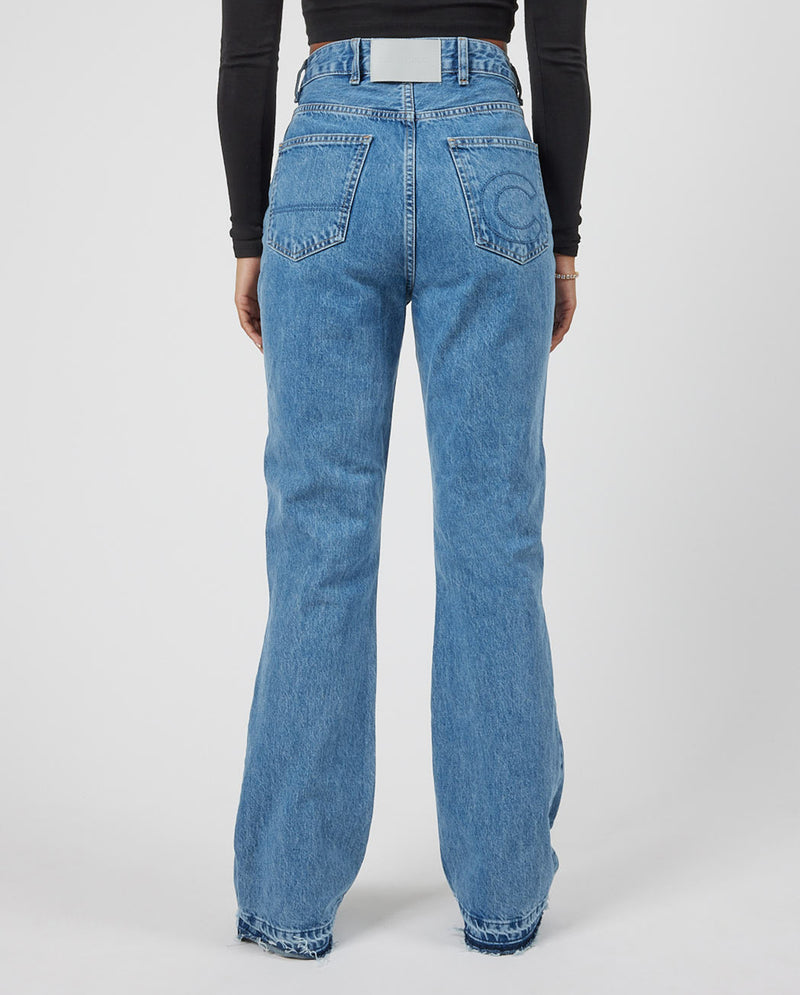 Tonal Panelled Flare Detail Jeans - Mid Blue