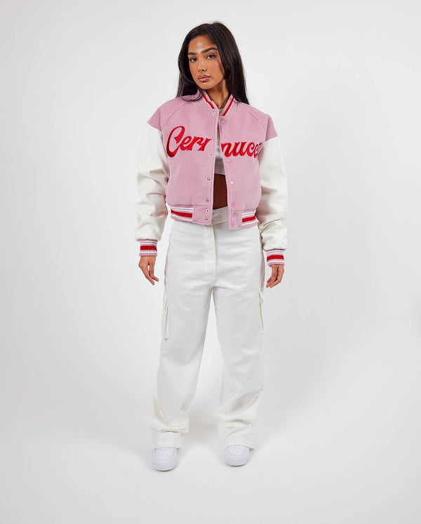 Cernucci Womens Varsity Bomber Jacket - Baby Pink