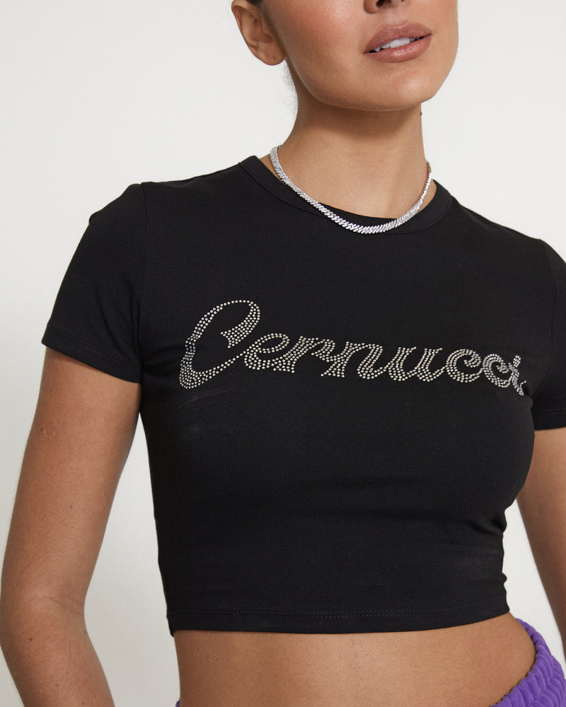 Cernucci Rhinestone Cropped T-Shirt - Black