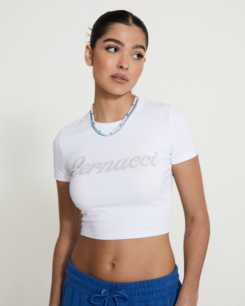 Cernucci Rhinestone Cropped T-Shirt - White