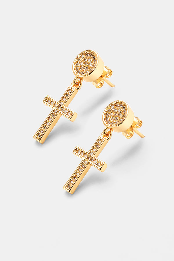 Iced Cross Drop Stud Earrings - Gold