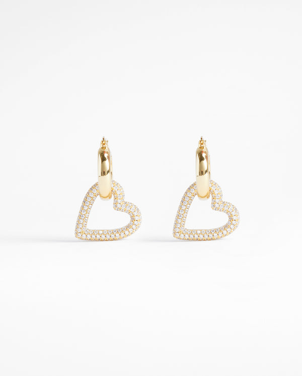 Iced Pave Heart Hoop Earrings - Gold