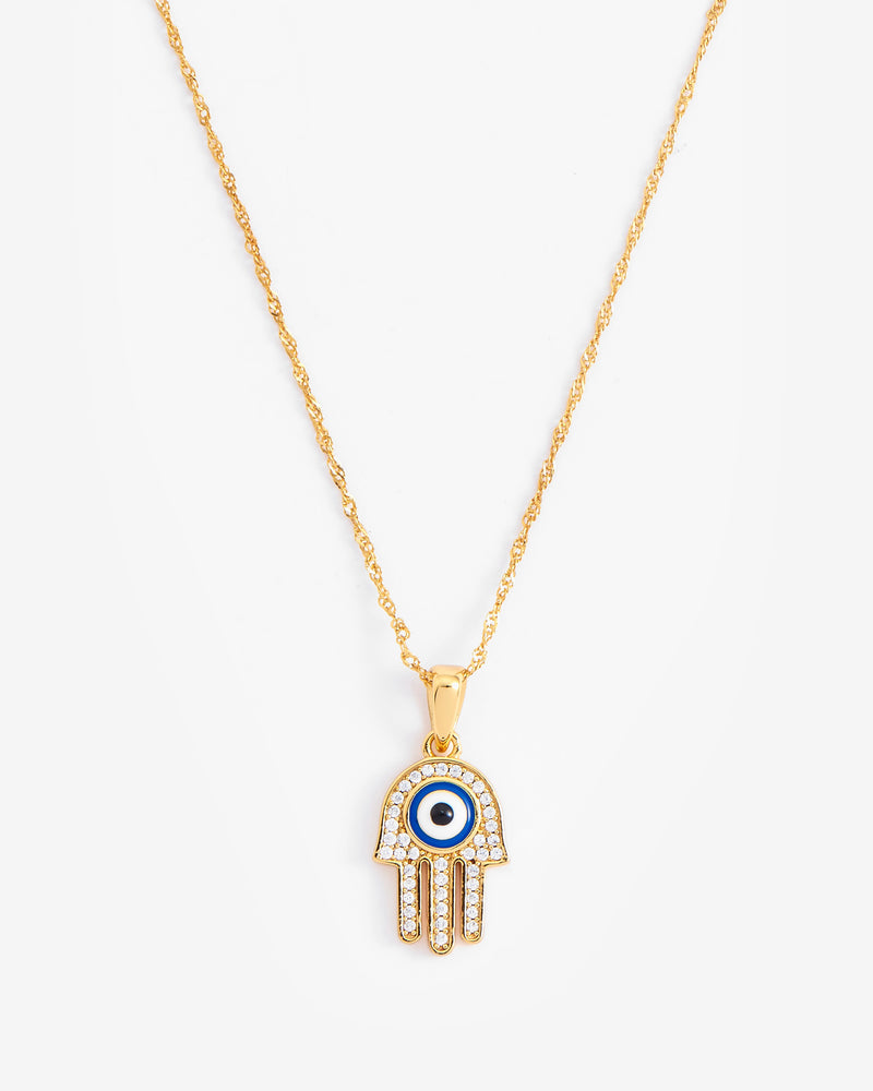 Iced Hamsa Hand Motif Necklace - Gold