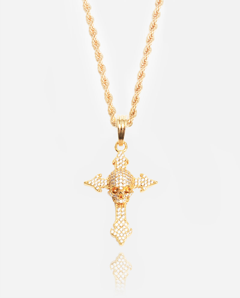 Iced Skull Cross Pendant - Gold