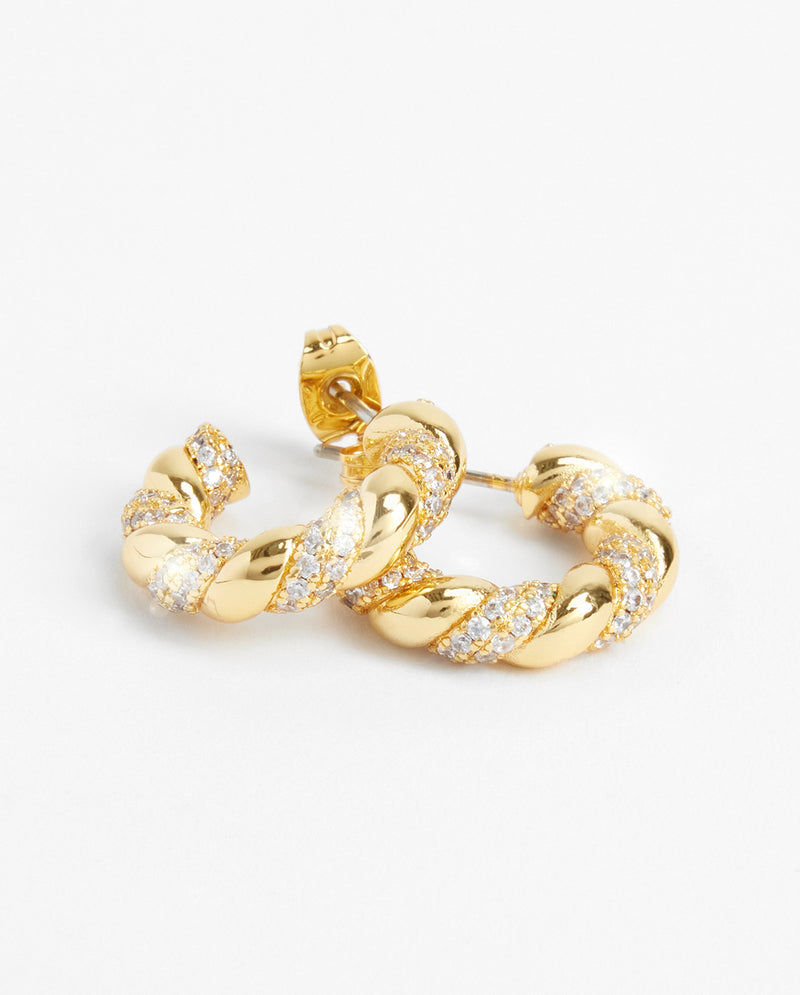 Polished And Iced Twist Hoop Earrings - Gold