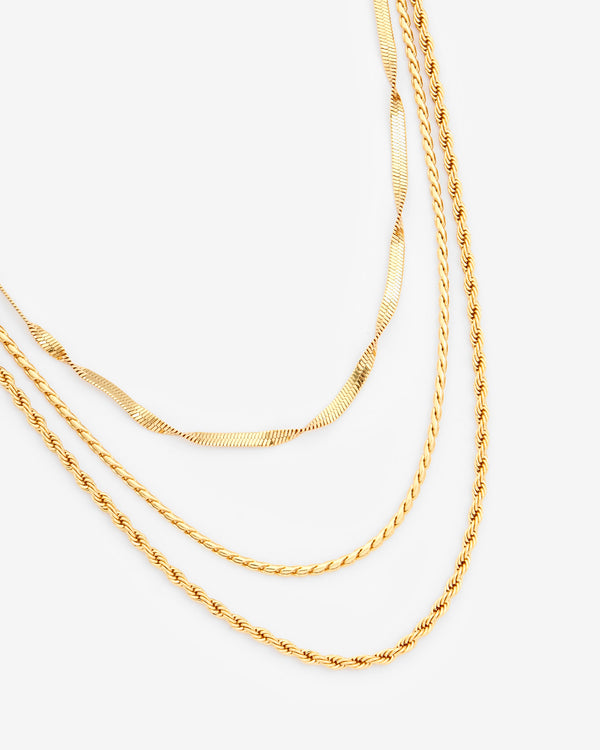 Triple Layer Snake And Twist Necklace - Gold