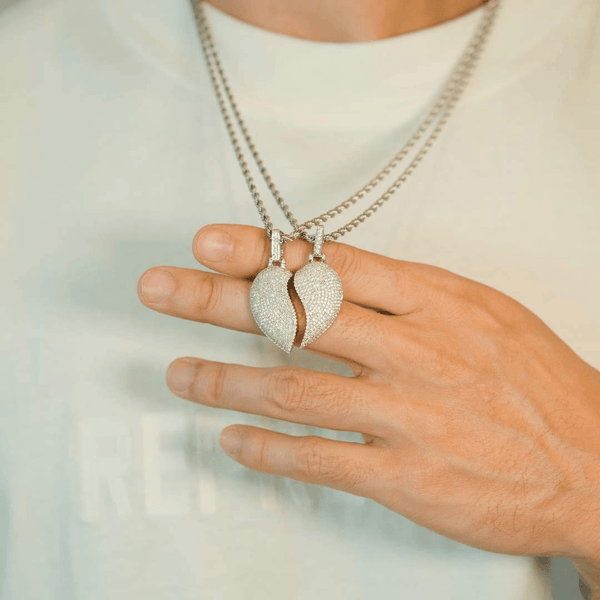 Iced Half Heart Pendants - White Gold - Cernucci