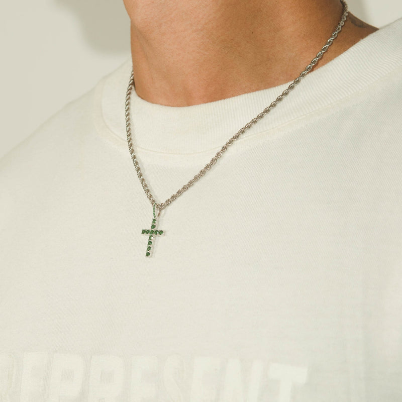 Iced Mini Cross Pendant - Green - Cernucci