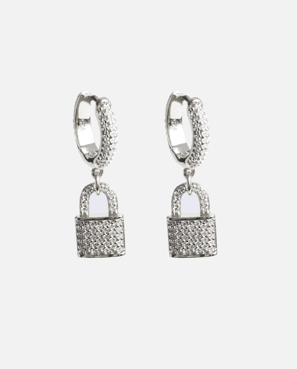 Iced Padlock Earrings - White Gold - Cernucci