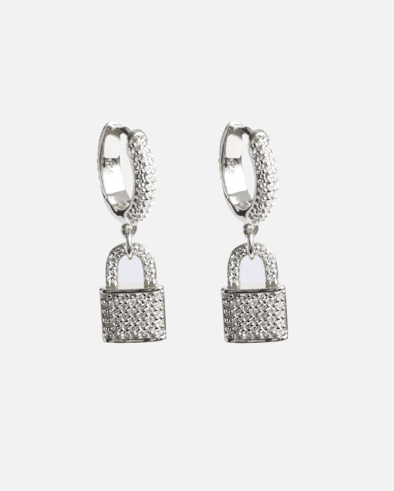 Iced Padlock Earrings - White Gold - Cernucci