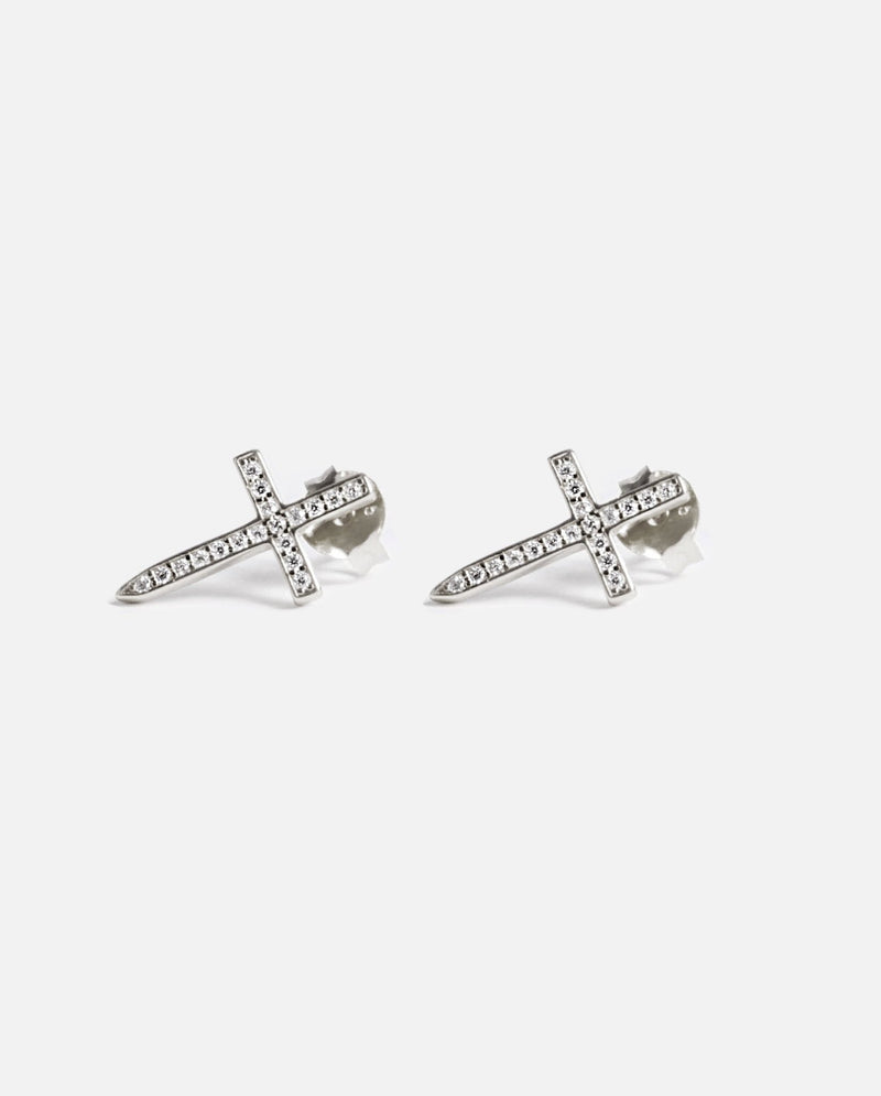 Iced Pointed Cross Earrings - White Gold - Cernucci